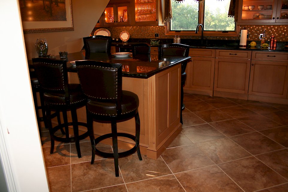 Large kitchen island with seating for six.
