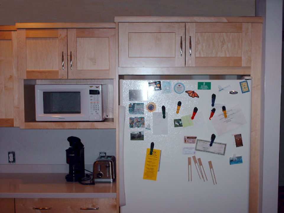 Cabinet over the refrigerator.