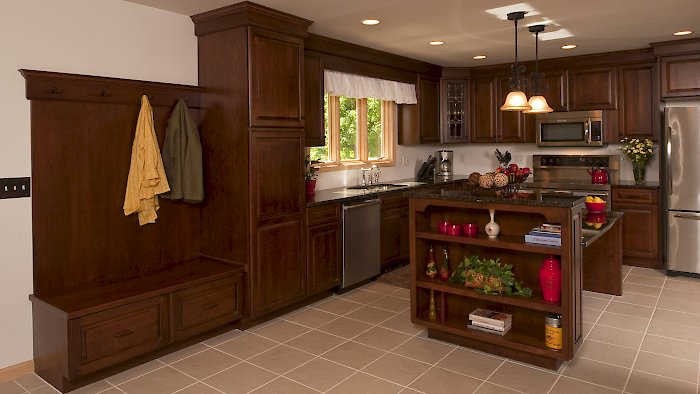 A Medallion Designer Gold kitchen with the Brookhill raised door style.