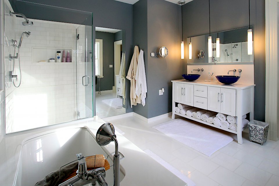 View of the vanity from the bain ultra spa tub.