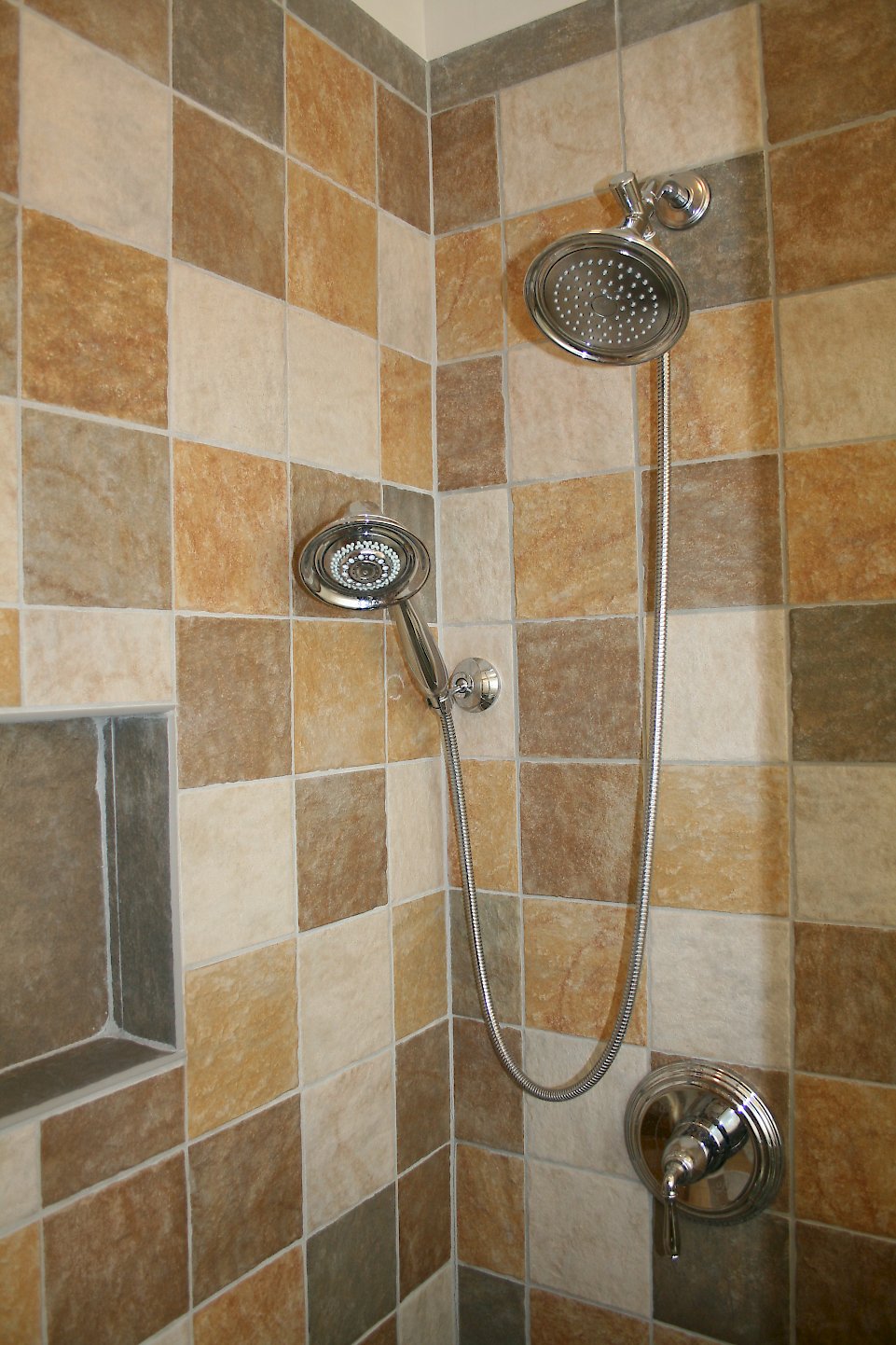 6x6 multicolored tile in the shower.